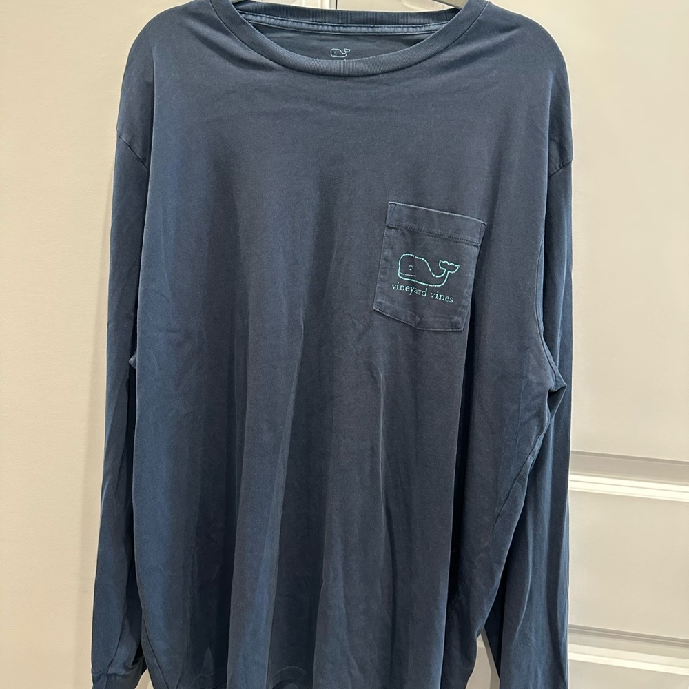Vineyard Vines Navy Long Sleeve Pocket Tee with Teal Whale